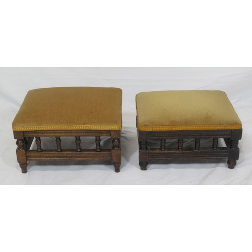 62 - Set of three oblong upholstered foot stools with turned rails & shaped legs