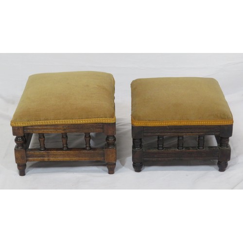 62 - Set of three oblong upholstered foot stools with turned rails & shaped legs