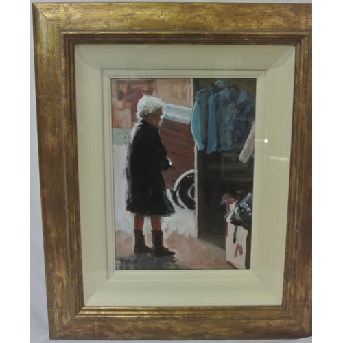 32 - Rowland Davidson 'Stepping outside' oil on canvas 33x24cm signed