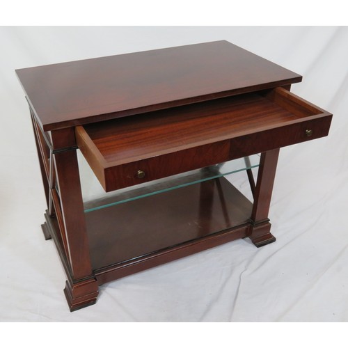 66 - Edwardian mahogany side or hall table with frieze drawer, glass shelving, on bracket feet