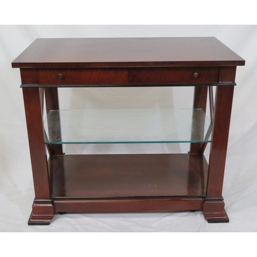 66 - Edwardian mahogany side or hall table with frieze drawer, glass shelving, on bracket feet