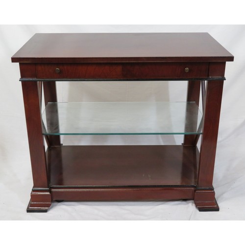 66 - Edwardian mahogany side or hall table with frieze drawer, glass shelving, on bracket feet