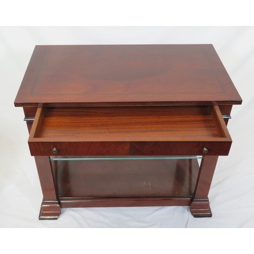 66 - Edwardian mahogany side or hall table with frieze drawer, glass shelving, on bracket feet