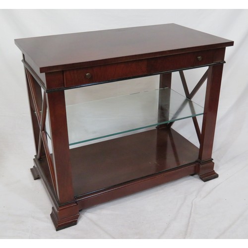 66 - Edwardian mahogany side or hall table with frieze drawer, glass shelving, on bracket feet