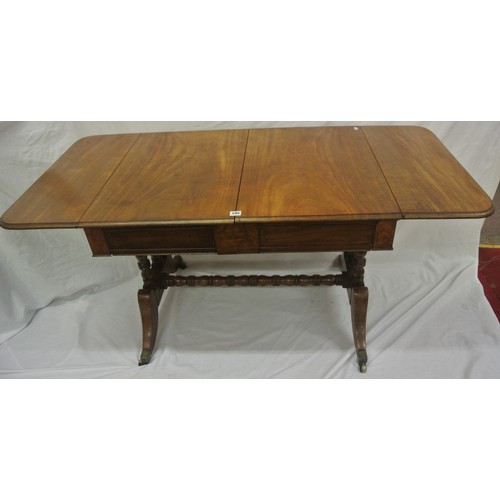 105 - Victorian mahogany sofa table with drop leaves, pull-out supports, rounded borders, two frieze drawe... 