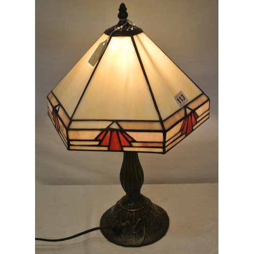 118 - Art Deco style electric table lamp with shaped panelled shade, baluster column & round base