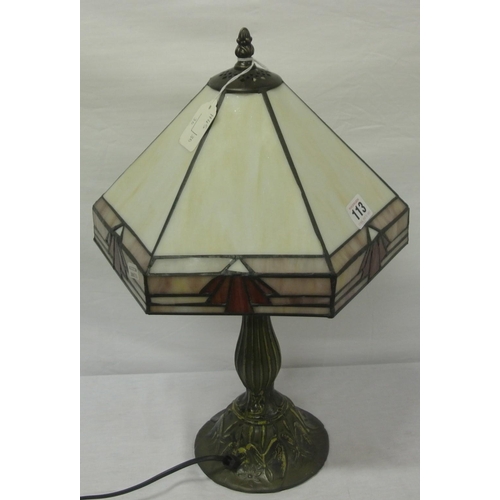 118 - Art Deco style electric table lamp with shaped panelled shade, baluster column & round base