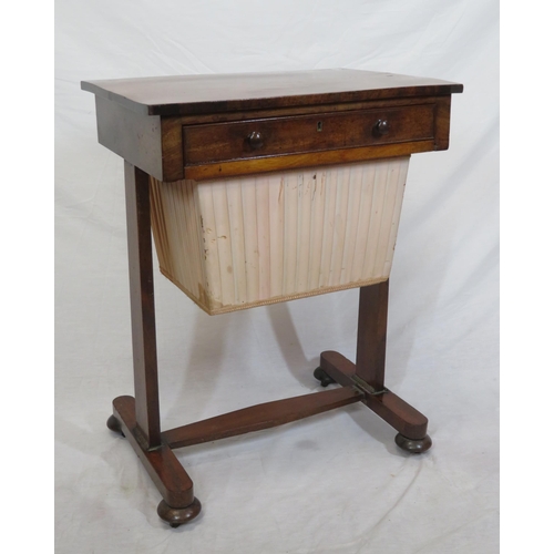 149 - Victorian mahogany work or side table with frieze drawer, bun handles, material drawer under, on tap... 