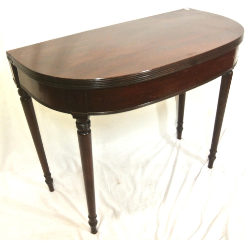 155 - Victorian mahogany demi-lune tea table with fold-over top, gateleg support, reeded borders, on turne... 