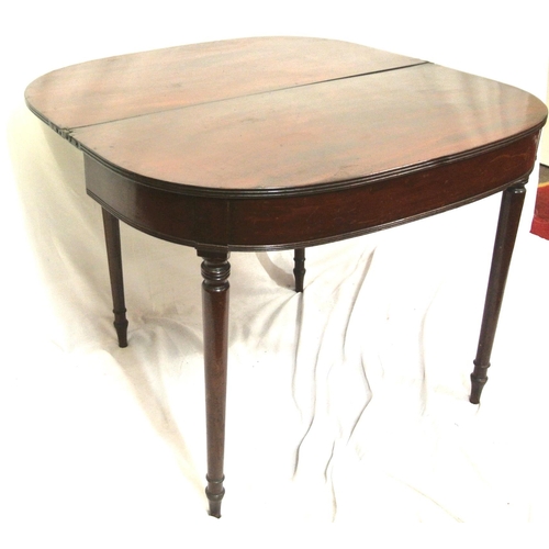 155 - Victorian mahogany demi-lune tea table with fold-over top, gateleg support, reeded borders, on turne... 