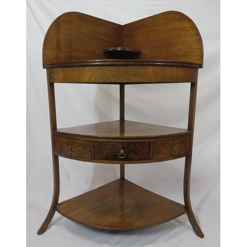 159 - Regency mahogany two tier corner whatnot with raised gallery, three drawers with brass drop handles,... 