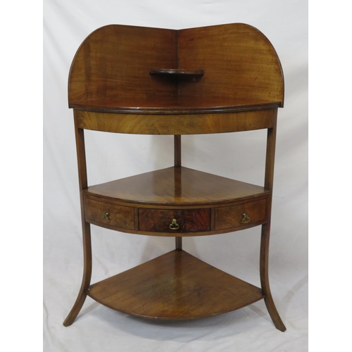 159 - Regency mahogany two tier corner whatnot with raised gallery, three drawers with brass drop handles,... 