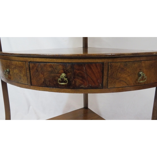 159 - Regency mahogany two tier corner whatnot with raised gallery, three drawers with brass drop handles,... 