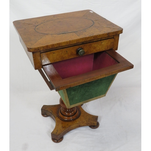 166 - Victorian walnut & mahogany work table with inlaid capstan top, section frieze drawer, material draw... 