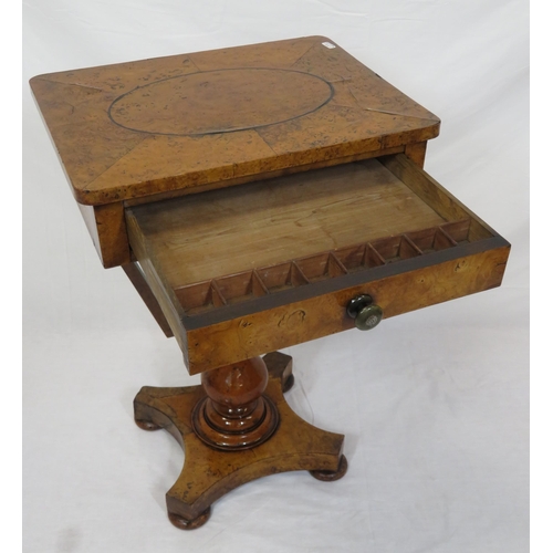 166 - Victorian walnut & mahogany work table with inlaid capstan top, section frieze drawer, material draw... 