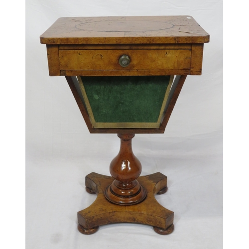 166 - Victorian walnut & mahogany work table with inlaid capstan top, section frieze drawer, material draw... 