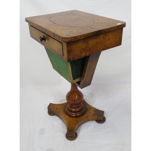 166 - Victorian walnut & mahogany work table with inlaid capstan top, section frieze drawer, material draw... 