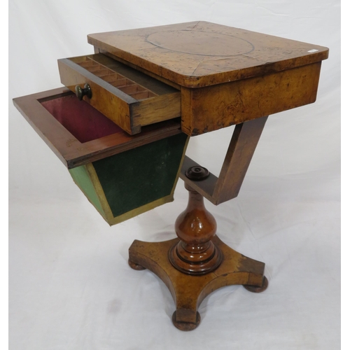 166 - Victorian walnut & mahogany work table with inlaid capstan top, section frieze drawer, material draw... 