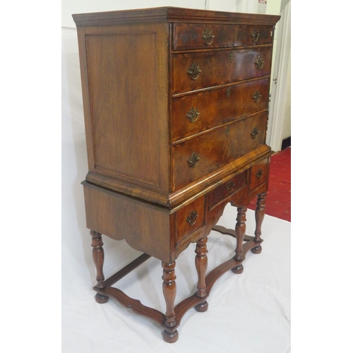 195 - Georgian inlaid & crossbanded walnut chest on stand - chest having two short & three long drawers of... 