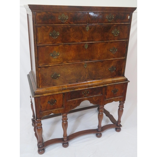 195 - Georgian inlaid & crossbanded walnut chest on stand - chest having two short & three long drawers of... 