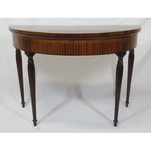 200 - Edwardian inlaid & crossbanded mahogany walnut & satinwood demi lune hall or side table with capstan... 