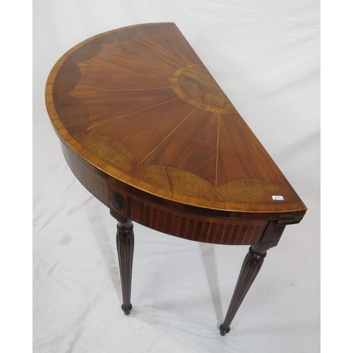 200 - Edwardian inlaid & crossbanded mahogany walnut & satinwood demi lune hall or side table with capstan... 