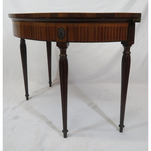 200 - Edwardian inlaid & crossbanded mahogany walnut & satinwood demi lune hall or side table with capstan... 