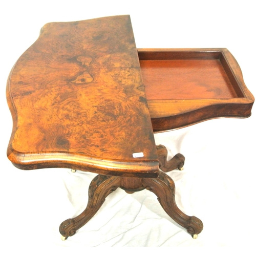 210 - Victorian walnut card table with serpentine shaped sides, swivel fold-over top, with press under, on... 