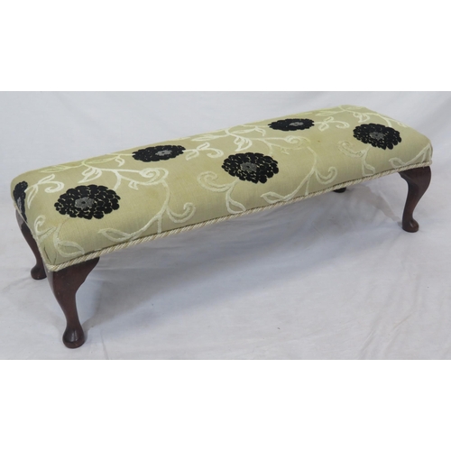 328 - Victorian oblong stool with foliate upholstery, cabriole legs with pad feet