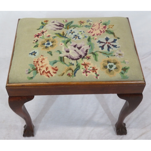 101 - Victorian mahogany stool with foliate needlepoint top, cabriole legs with claw on ball feet