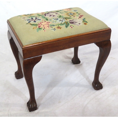 101 - Victorian mahogany stool with foliate needlepoint top, cabriole legs with claw on ball feet