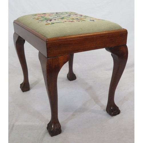 101 - Victorian mahogany stool with foliate needlepoint top, cabriole legs with claw on ball feet