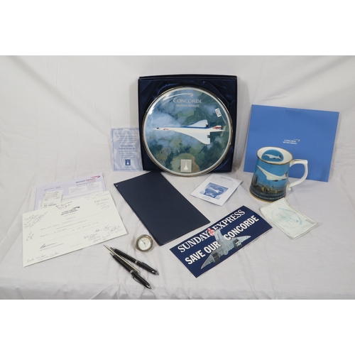 108 - Lot of British Airways 'Concorde, Legend of the Sky' commemorative plate, mug & ephemera