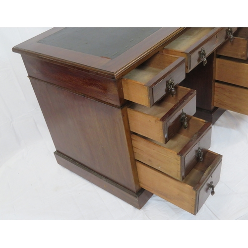 120 - Edwardian style pedestal desk with two frieze drawers, six side drawers, teardrop handles, plinths