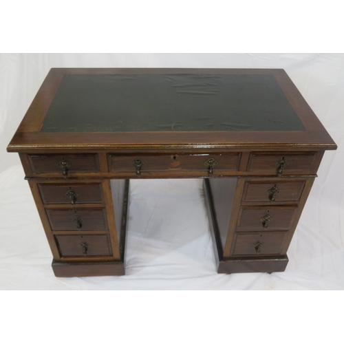 120 - Edwardian style pedestal desk with two frieze drawers, six side drawers, teardrop handles, plinths