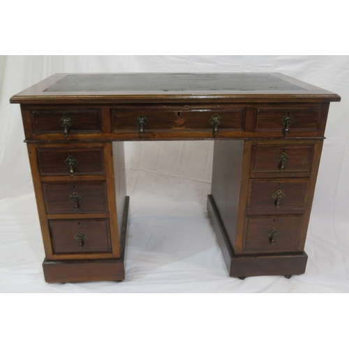 120 - Edwardian style pedestal desk with two frieze drawers, six side drawers, teardrop handles, plinths