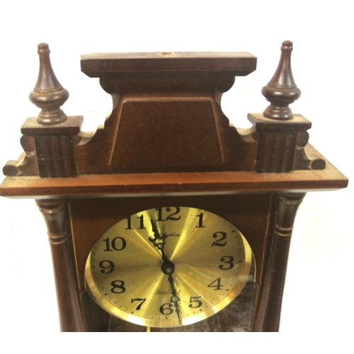 123 - Mahogany cased wall clock with round brass dial & pendulum