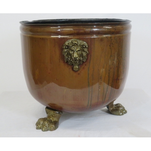 127 - Georgian style copper cauldron with lionmask handles & lionclaw feet