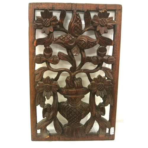 132 - Oriental style carved timber panel with vase & foliate decoration