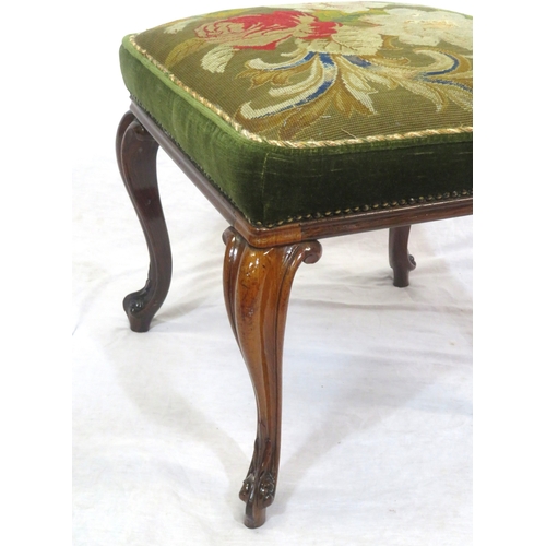 141 - Georgian style mahogany stool with foliate needlepoint upholstery, cabriole legs with scroll feet