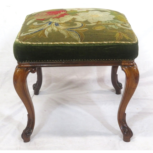 141 - Georgian style mahogany stool with foliate needlepoint upholstery, cabriole legs with scroll feet