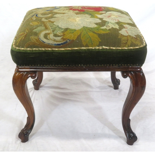 141 - Georgian style mahogany stool with foliate needlepoint upholstery, cabriole legs with scroll feet