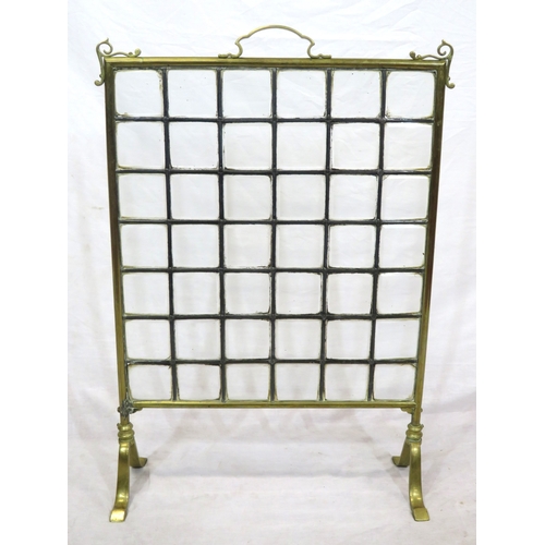 144 - Edwardian brass firescreen with bevelled glass insets & bracket feet