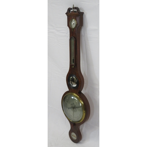 152 - Edwardian style inlaid walnut wheel barometer with thermometer & hygrometer, brass framed dial, by A... 