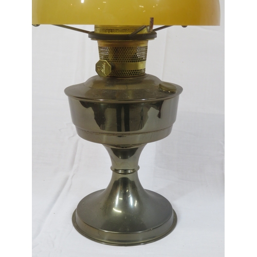 153 - Victorian style metal oil lamp with coloured shade & chimney