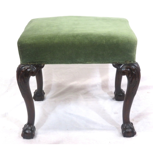 154 - Regency style upholstered stool with ornate scroll foliate carved cabriole legs with claw on ball fe... 