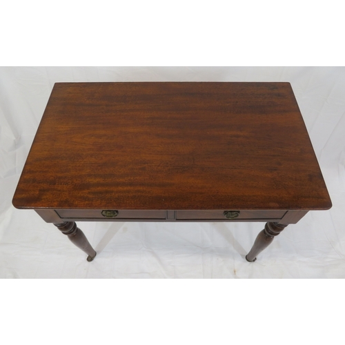 156 - Victorian mahogany hall or side table with two frieze drawers, drop handles, on turned tapering legs... 