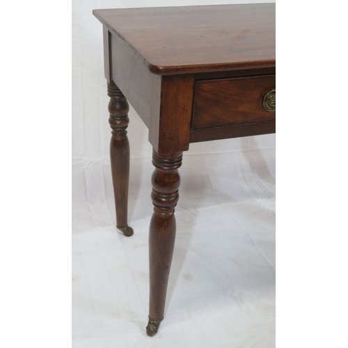 156 - Victorian mahogany hall or side table with two frieze drawers, drop handles, on turned tapering legs... 