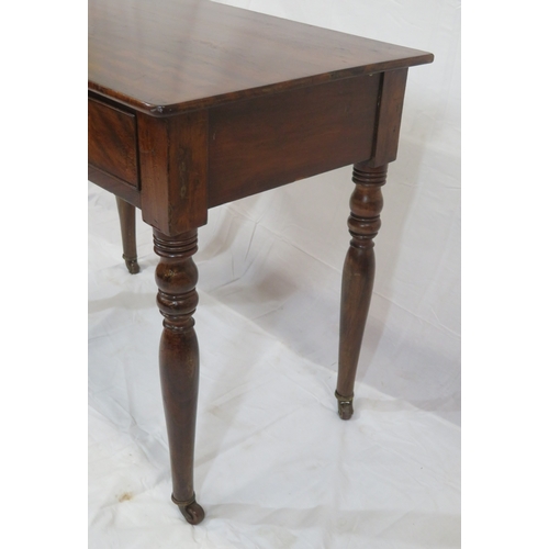 156 - Victorian mahogany hall or side table with two frieze drawers, drop handles, on turned tapering legs... 