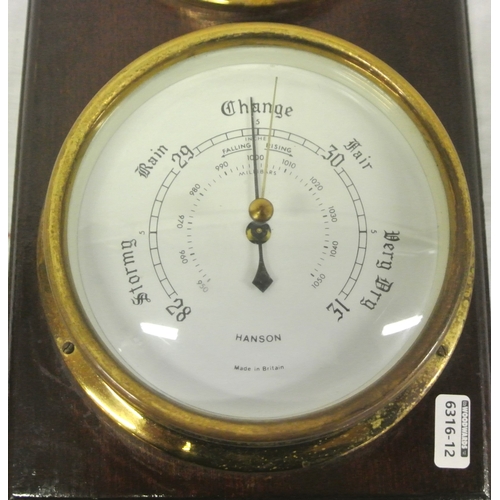 173 - Mariners weather station with brass framed clock & barometer by Hanson, London